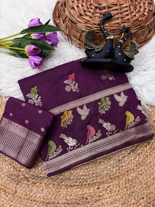 Vivacious Wine Banarasi Khadi Silk Saree With Eclat Blouse Piece