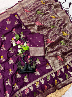 Vivacious Wine Banarasi Khadi Silk Saree With Eclat Blouse Piece