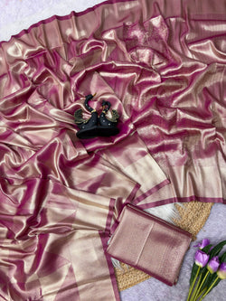 Woebegone Dark Pink Banarasi Tissue Silk Saree With Sizzling Blouse Piece