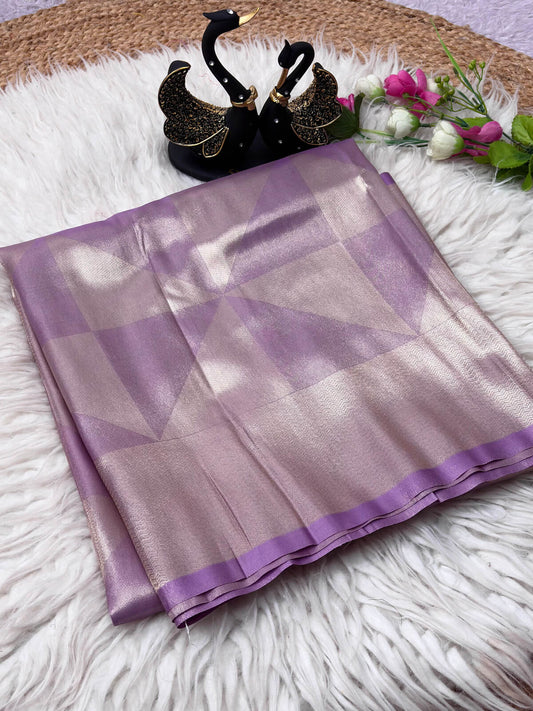 Traditional Lavender Banarasi Tissue Silk Saree With Breathtaking Blouse Piece