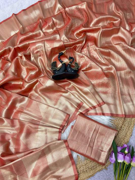 Petrichor Red Banarasi Tissue Silk Saree With Dazzling Blouse Piece