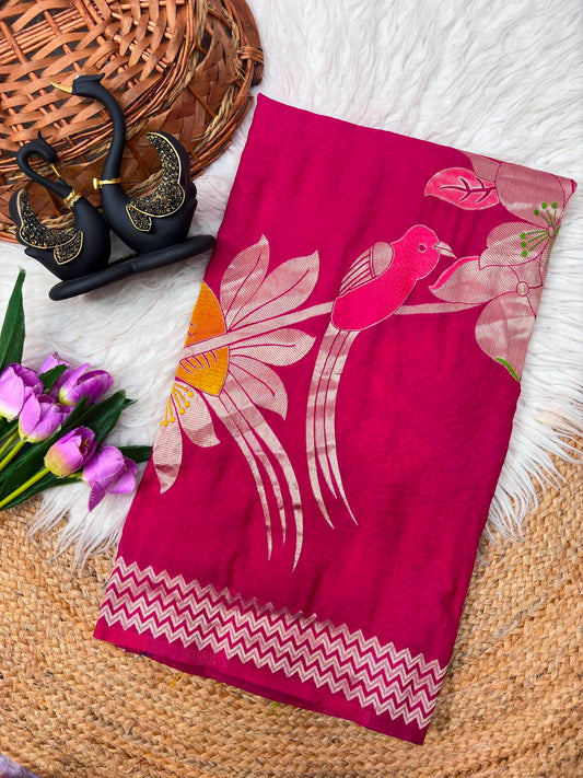 Adorning Dark Pink Banarasi Khadi Silk Saree With Energetic Blouse Piece
