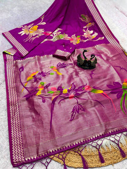 Panache Purple Banarasi Khadi Silk Saree With Snappy Blouse Piece
