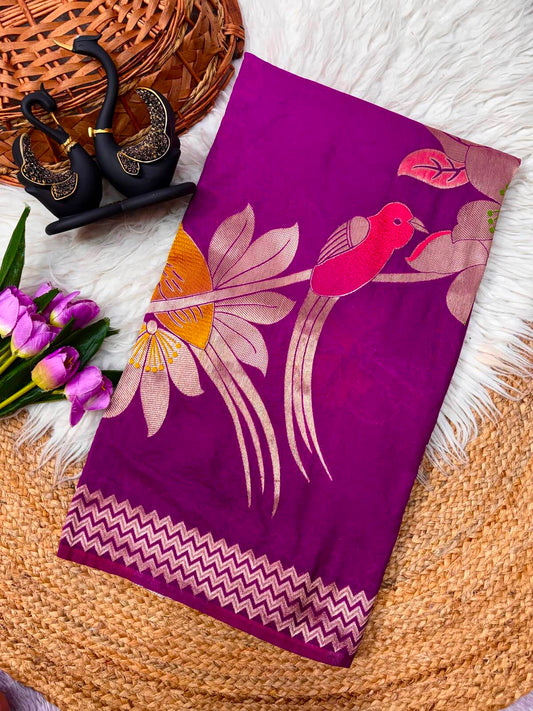 Panache Purple Banarasi Khadi Silk Saree With Snappy Blouse Piece