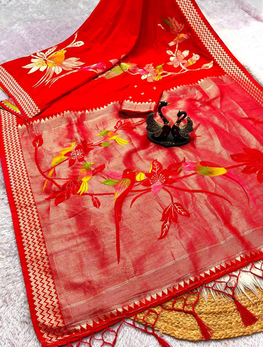 Magnificat Red Banarasi Khadi Silk Saree With Charming Blouse Piece