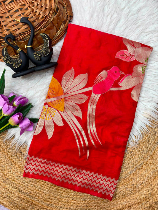 Magnificat Red Banarasi Khadi Silk Saree With Charming Blouse Piece