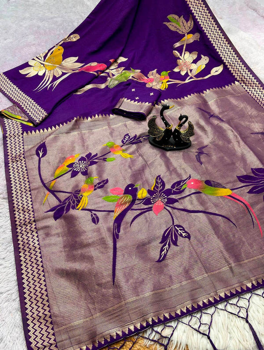Adorable Royal Purple Banarasi Khadi Silk Saree With Super classy Blouse Piece