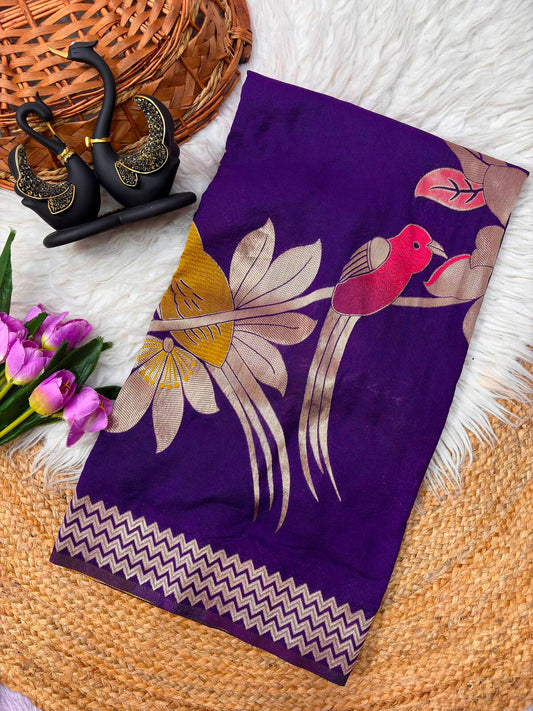 Adorable Royal Purple Banarasi Khadi Silk Saree With Super classy Blouse Piece