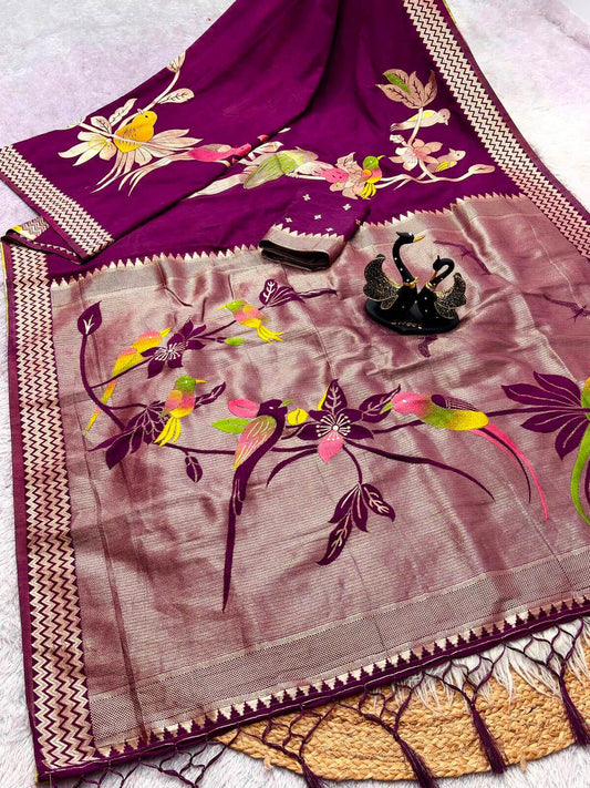 Comely Wine Banarasi Khadi Silk Saree With Lassitude Blouse Piece