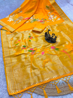 Diaphanous Yellow Banarasi Khadi Silk Saree With Luminous Blouse Piece