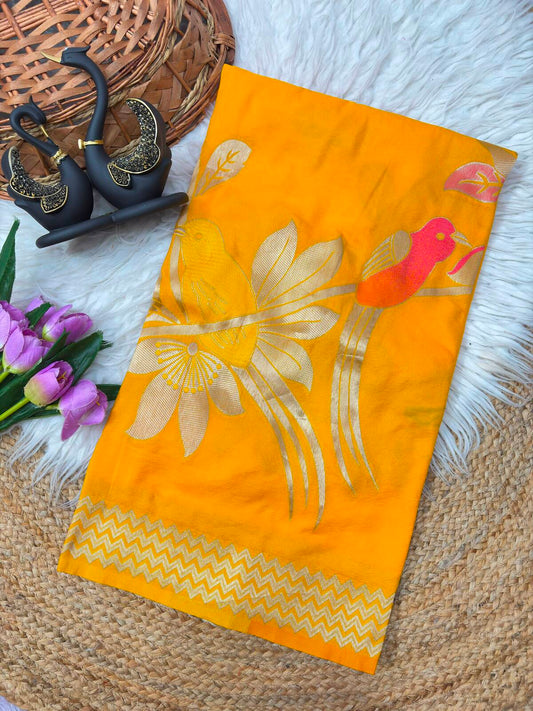Diaphanous Yellow Banarasi Khadi Silk Saree With Luminous Blouse Piece
