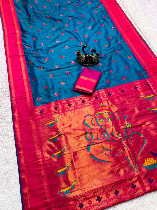 Grandiose Blue Paithani Silk Saree With Piquant Blouse Piece