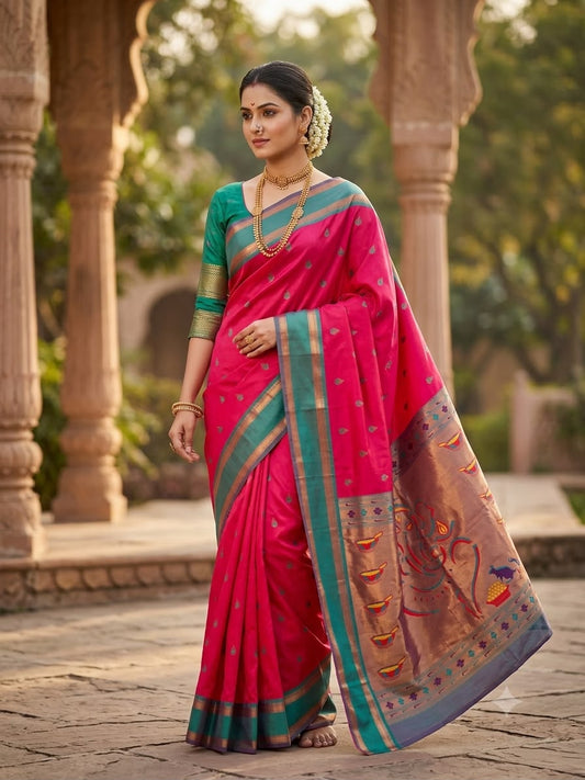 Verdant Dark Pink Paithani Silk Saree With Splendorous Blouse Piece