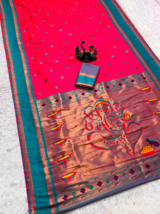 Verdant Dark Pink Paithani Silk Saree With Splendorous Blouse Piece
