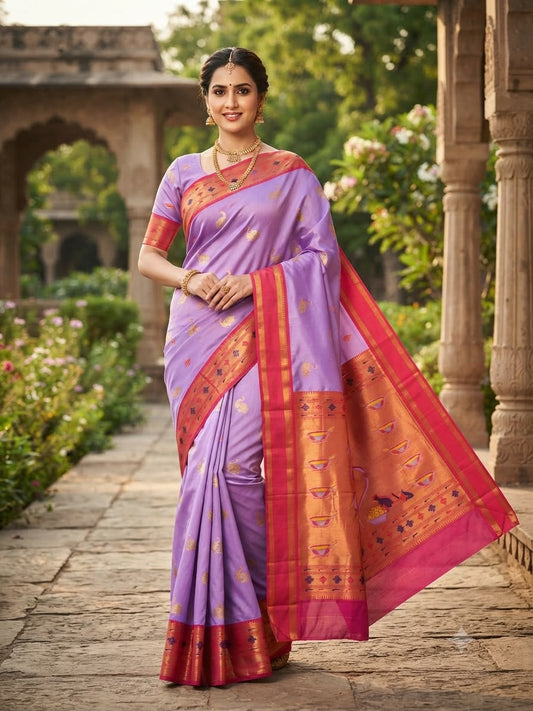 Admirable Lavender Paithani Silk Saree With Refreshing Blouse Piece