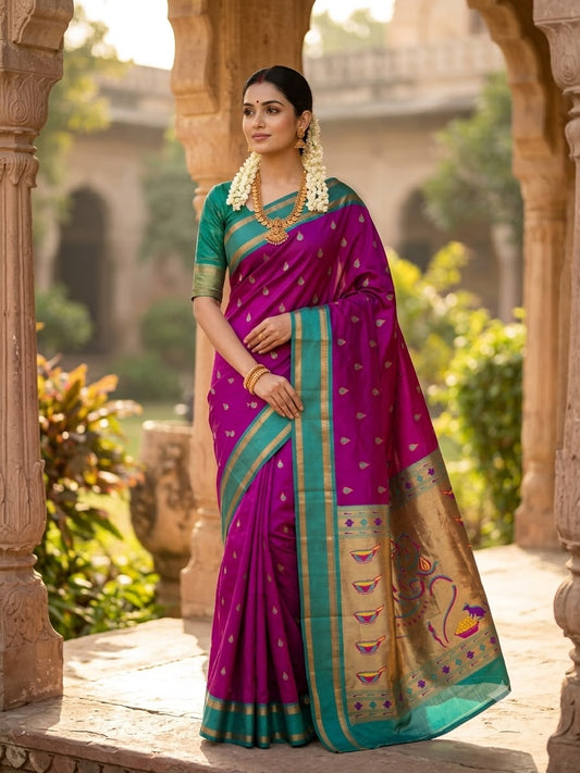 Unequalled Magenta Paithani Silk Saree With Supernal Blouse Piece