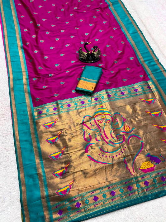 Unequalled Magenta Paithani Silk Saree With Supernal Blouse Piece