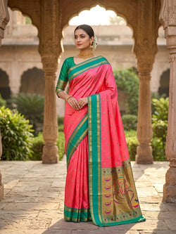 Invaluable Pink Paithani Silk Saree With Fairytale Blouse Piece