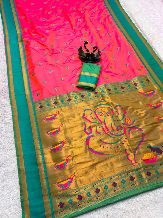 Invaluable Pink Paithani Silk Saree With Fairytale Blouse Piece