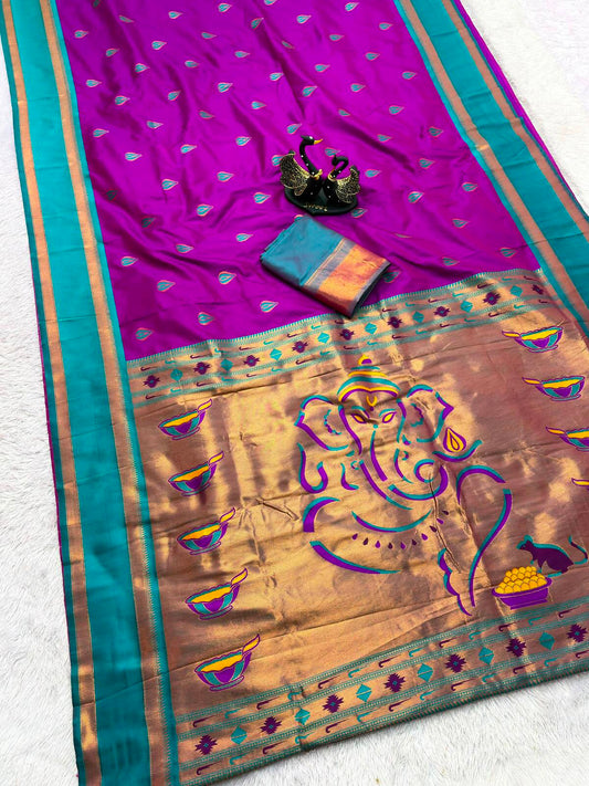 Opulent Purple Paithani Silk Saree With Gossamer Blouse Piece