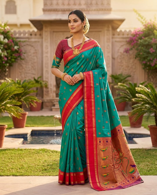 Skinny Rama Paithani Silk Saree With Classic Blouse Piece