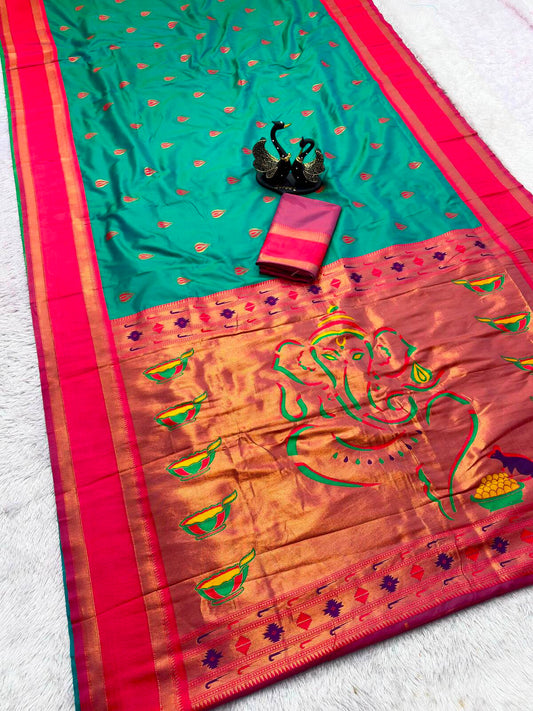 Skinny Rama Paithani Silk Saree With Classic Blouse Piece