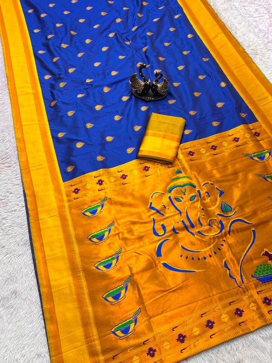 Super classy Royal Blue Paithani Silk Saree With Ephemeral Blouse Piece