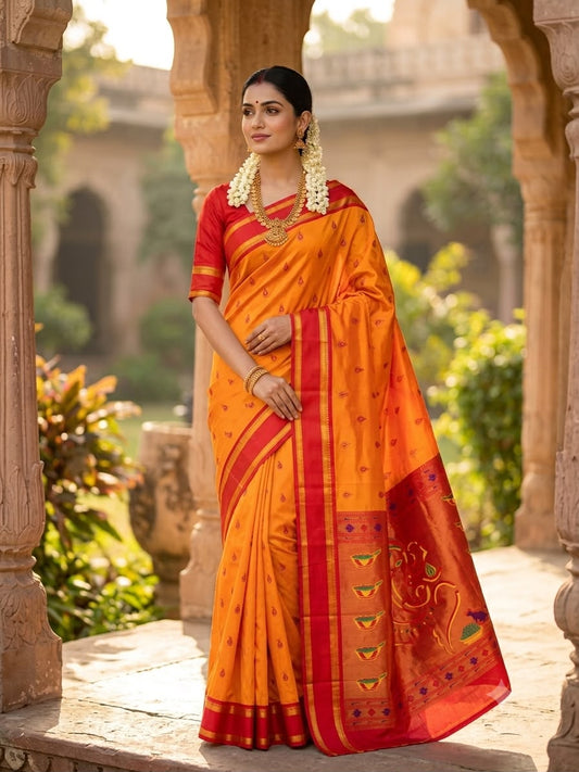 Aplomb Yellow Paithani Silk Saree With Winsome Blouse Piece