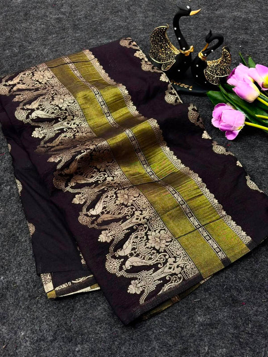 Cynosure Black Banarasi Khadi Silk Saree With Tantalizing Blouse Piece