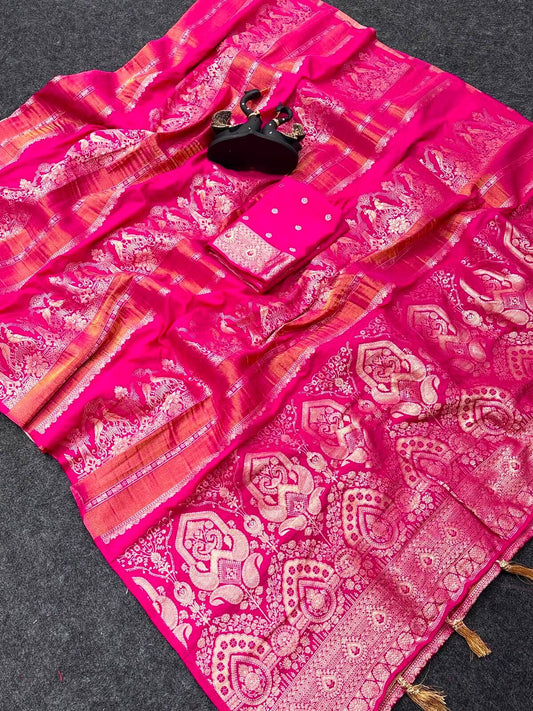 Propinquity Dark Pink Banarasi Khadi Silk Saree With Epiphany Blouse Piece