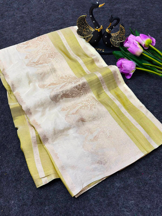 Nemesis Off White Banarasi Khadi Silk Saree With Twirling Blouse Piece