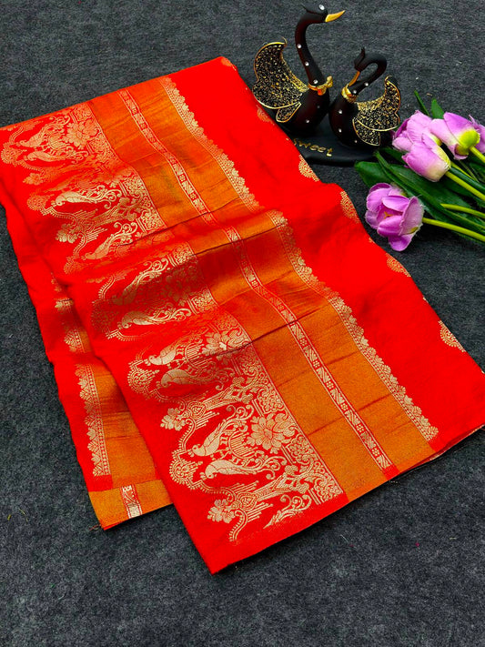Mellifluous Orange Banarasi Khadi Silk Saree With Prettiest Blouse Piece