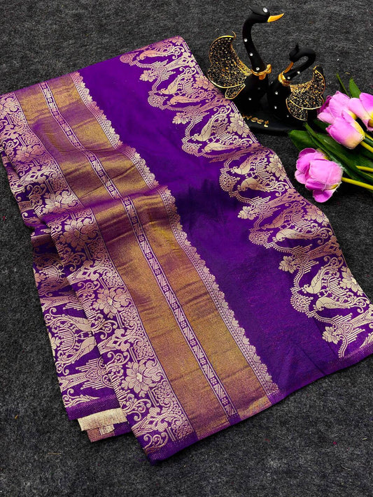 Imaginative Purple Banarasi Khadi Silk Saree With Enamoring Blouse Piece