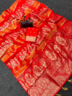 Sonorous Red Banarasi Khadi Silk Saree With Enigmatic Blouse Piece