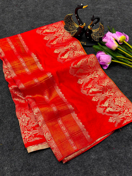 Sonorous Red Banarasi Khadi Silk Saree With Enigmatic Blouse Piece