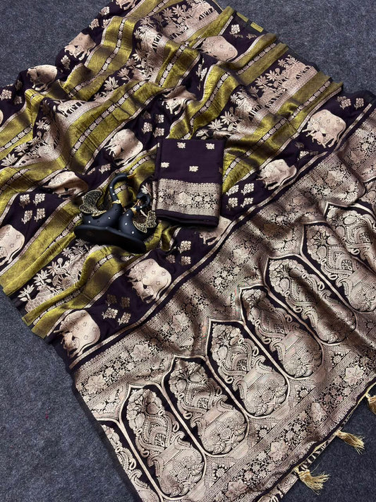Groovy Black Banarasi Khadi Silk Saree With Dalliance Blouse Piece