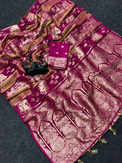 Resonant Dark Pink Banarasi Khadi Silk Saree With Denouement Blouse Piece