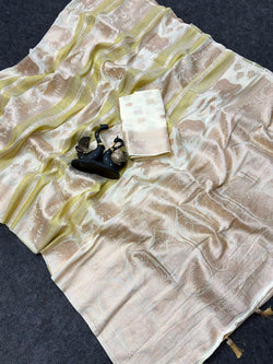 Splendiferous Off White Banarasi Khadi Silk Saree With Smart Blouse Piece