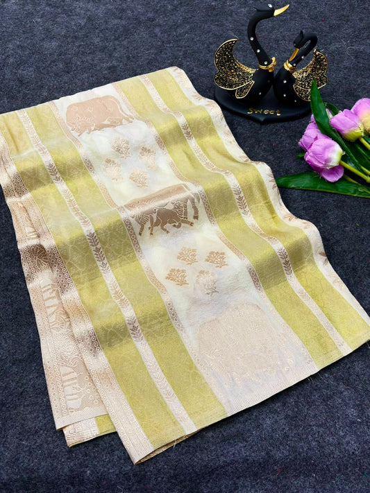 Splendiferous Off White Banarasi Khadi Silk Saree With Smart Blouse Piece