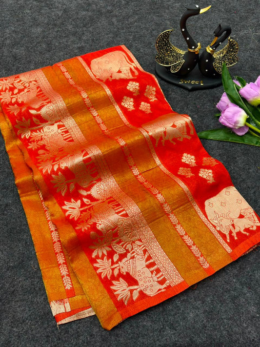 Redolent Orange Banarasi Khadi Silk Saree With Cynosure Blouse Piece