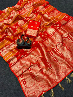 Redolent Orange Banarasi Khadi Silk Saree With Cynosure Blouse Piece