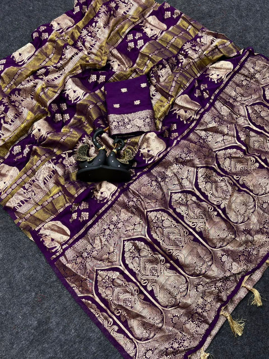 Classy Purple Banarasi Khadi Silk Saree With Zephyr Blouse Piece