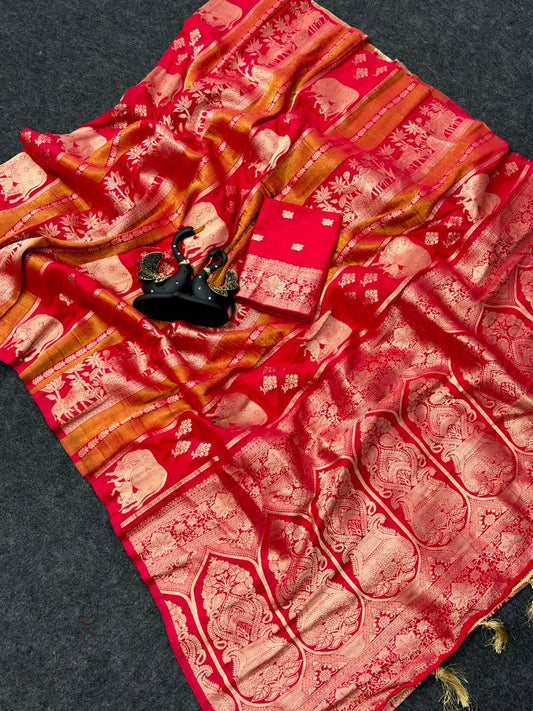 Beautiful Red Banarasi Khadi Silk Saree With Glorious Blouse Piece