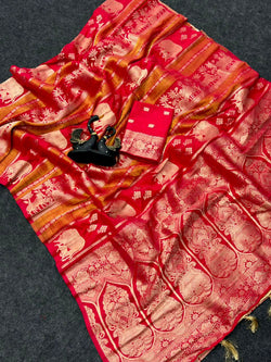 Beautiful Red Banarasi Khadi Silk Saree With Glorious Blouse Piece