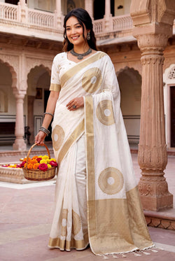 Sophisticated Off White Banarasi Khadi Silk Saree With Stunning Blouse Piece