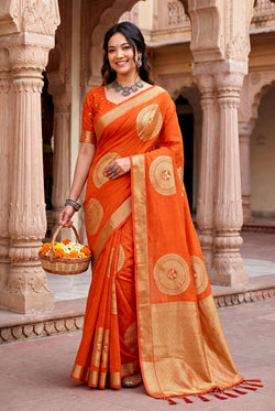 Stunner Orange Banarasi Khadi Silk Saree With Scrumptious Blouse Piece