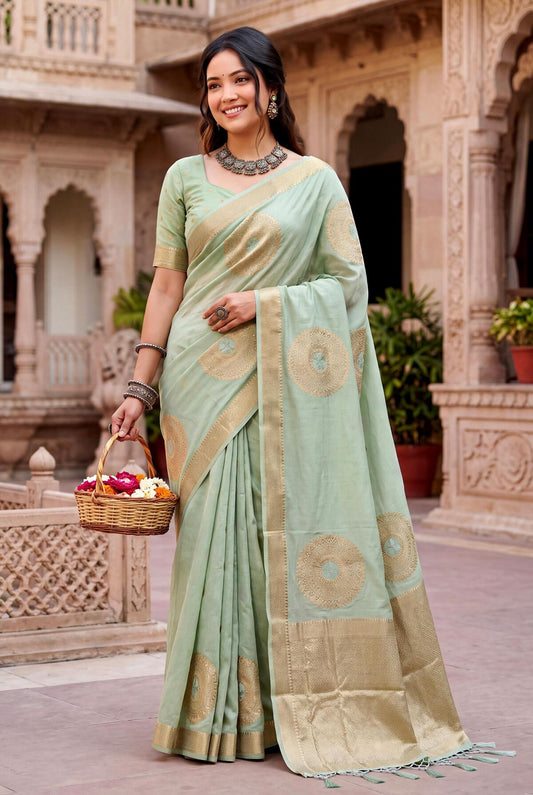 Alluring Pista Banarasi Khadi Silk Saree With Ratatouille Blouse Piece