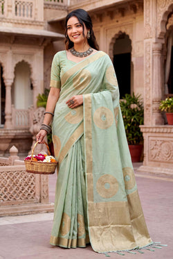 Alluring Pista Banarasi Khadi Silk Saree With Ratatouille Blouse Piece