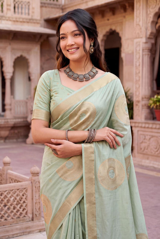 Alluring Pista Banarasi Khadi Silk Saree With Ratatouille Blouse Piece