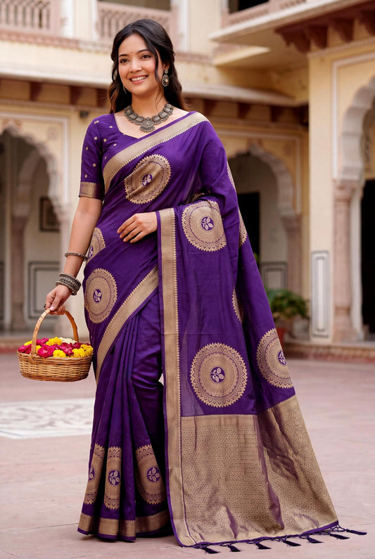 Desirable Purple Banarasi Khadi Silk Saree With Ornate Blouse Piece